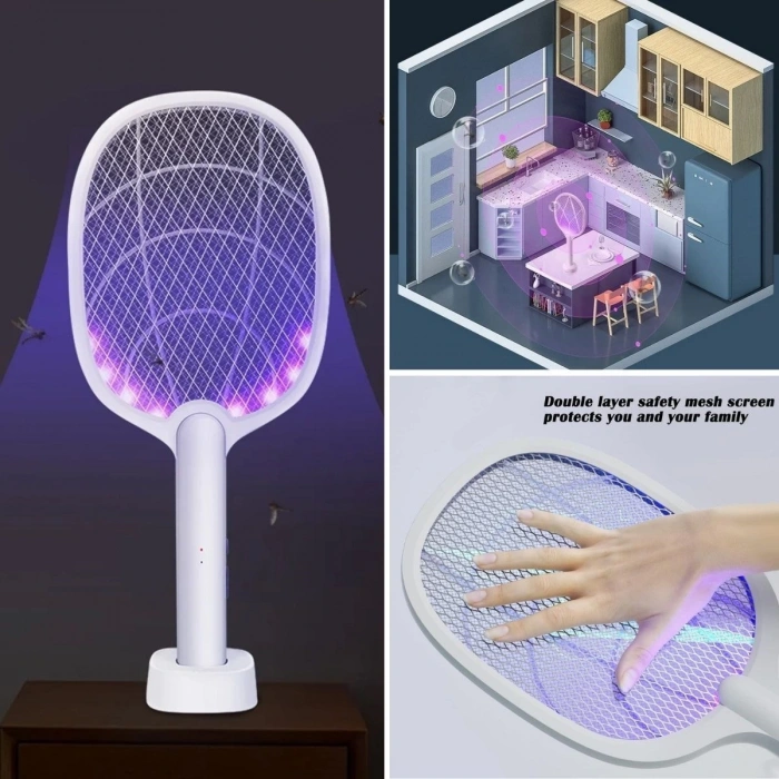 Adshome® Şarjlı Sinek Öldürücü Masaüstü Standlı,Mor Işık Sinek Kovucu Raket 5w