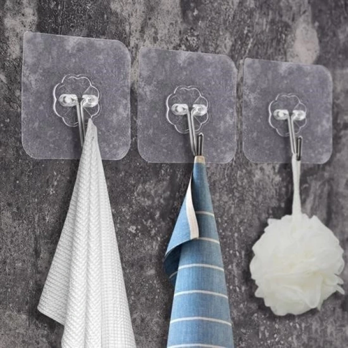 Adshome® Süper Güçlü Yapışkanlı Suya Dayanıklı Şeffaf Askı 5li Set Yeniden Kullanılabilir Kancalar