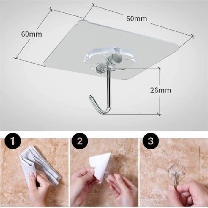 Adshome® Süper Güçlü Yapışkanlı Suya Dayanıklı Şeffaf Askı 5li Set Yeniden Kullanılabilir Kancalar