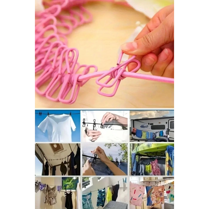 Adshome® Taşınabilir Seyahat Çamaşır İpi 12 Mandallı Klipsli Lastikli Çamaşır Mandalları