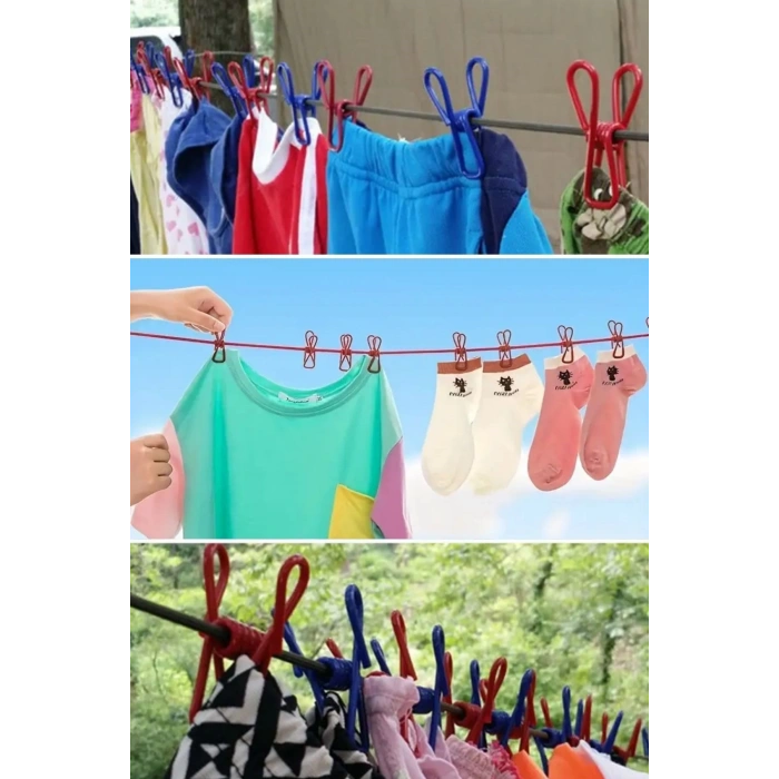 Adshome® Taşınabilir Seyahat Çamaşır İpi 12 Mandallı Klipsli Lastikli Çamaşır Mandalları