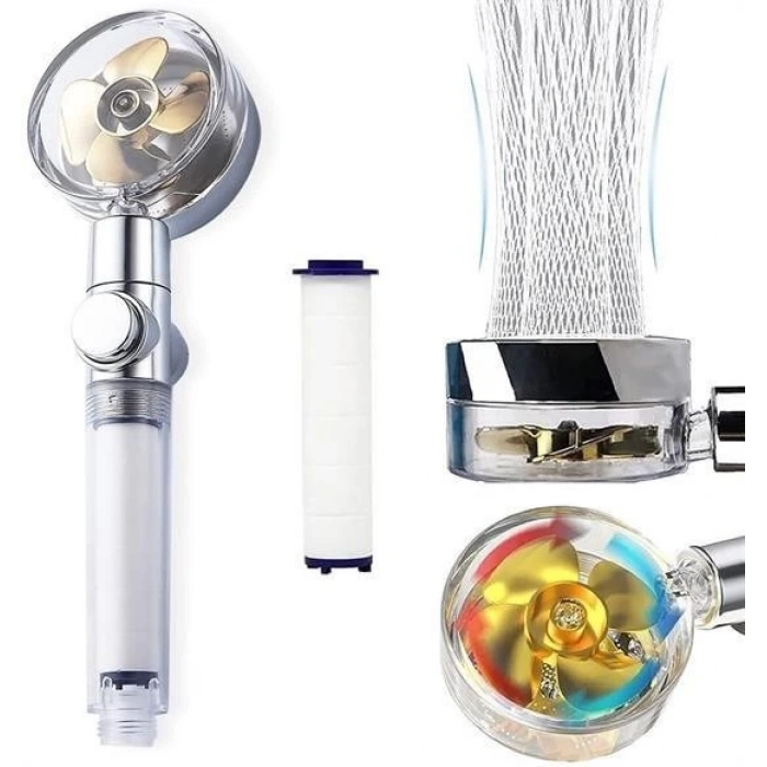 Adshome® Turbo Pervaneli ve Filtreli Su Tasarruflu 360 Derece Dönebilen Tazyikli Duş Başlığı