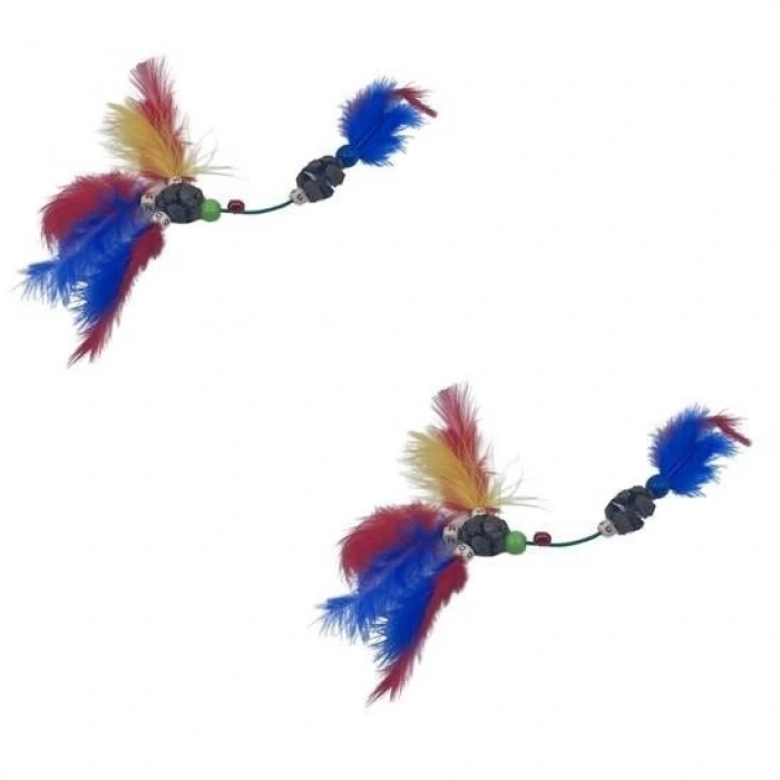 Adshome® Tüylü Tahta Boncuklu Zilli Kedi Oyuncağı Çok Renkli Kedi Oyuncak