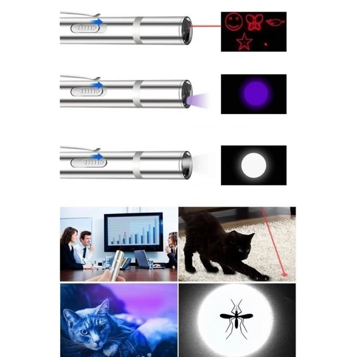 Adshome® Usb İle Şarj Edilebilen 3In 1 Kırmızı Işık +Beyaz Led Meşale Işık + Uv El Feneri Kedi Lazeri