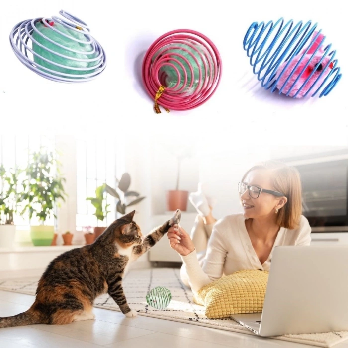 Adshome® Yaylı Metal Fareli Kafes Kedi Oyun Topu Sıçrayan Spiral Kedi Topu