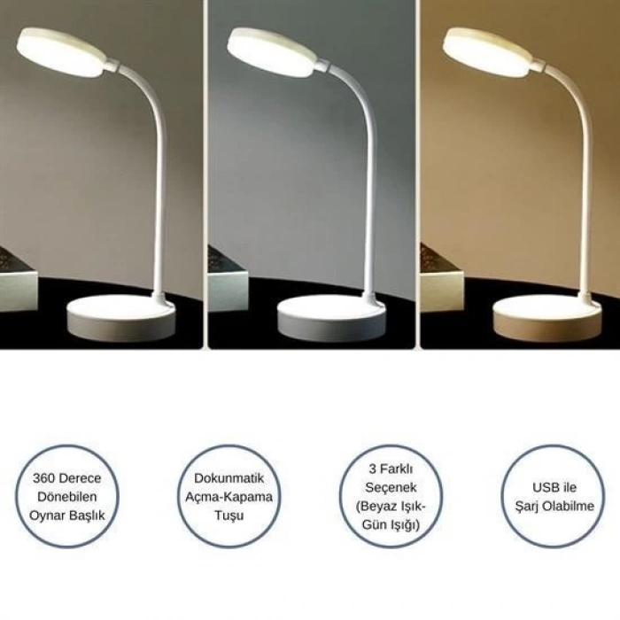 Adshome® Yuvarlak USBli Dokunmatik 3 Kademeli 360 Derece  Özel Göz Korumalı Led Lityum Masa Lambası