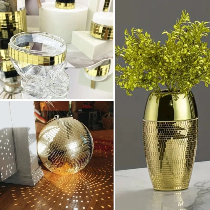 Adshome®1 Metre Uzunluğunda Gold Renk Aynalı Mozaik Taşlı Dekor Bandı 4 cm x 1 mt