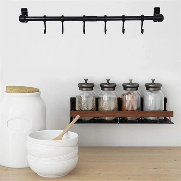 Adshome® Duvara Monte Edilen 6 Kancalı Dekor Kaşıklık ve Kupa Askısı