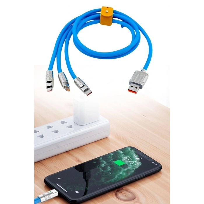 Adshome®Kutulu  3 Şarj Aleti 1 Arada Çinko Alaşım Hızlı Şarj Kablosu Mavi 3 in 1