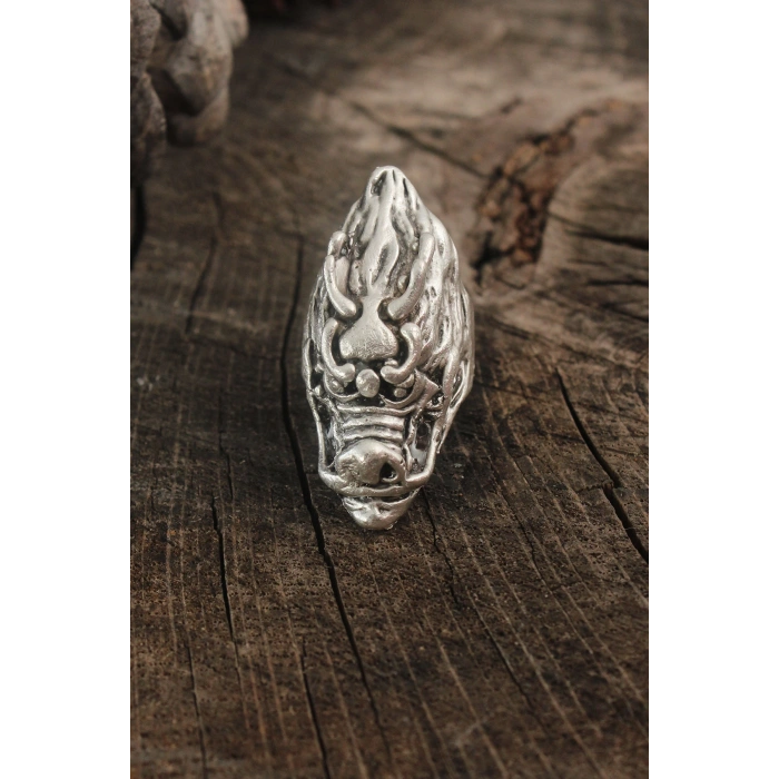 Antik Gümüş Renk Ejderha Kafası Model Ayarlanabilir Erkek Yüzük