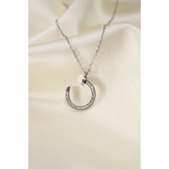 Çelik Silver Renk Zirkon Taşlı Çivi Model Kadın Kolye