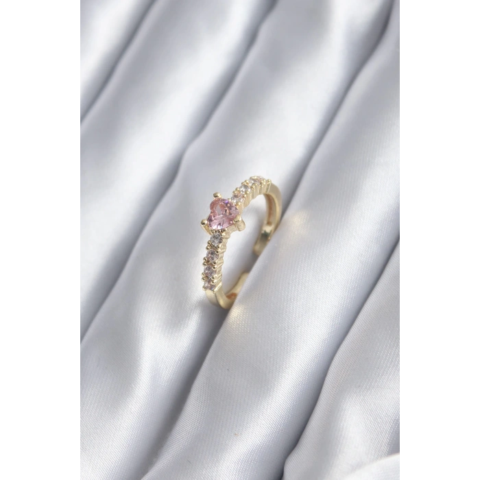 Gold Renk Zirkon Taşlı Pembe Kristal Kalp Model Kadın Yüzük