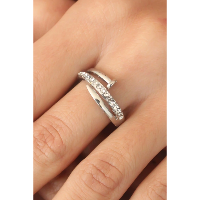 Gümüş Renk Taşlı Çivi Ayarlanabilir Kadın Yüzük