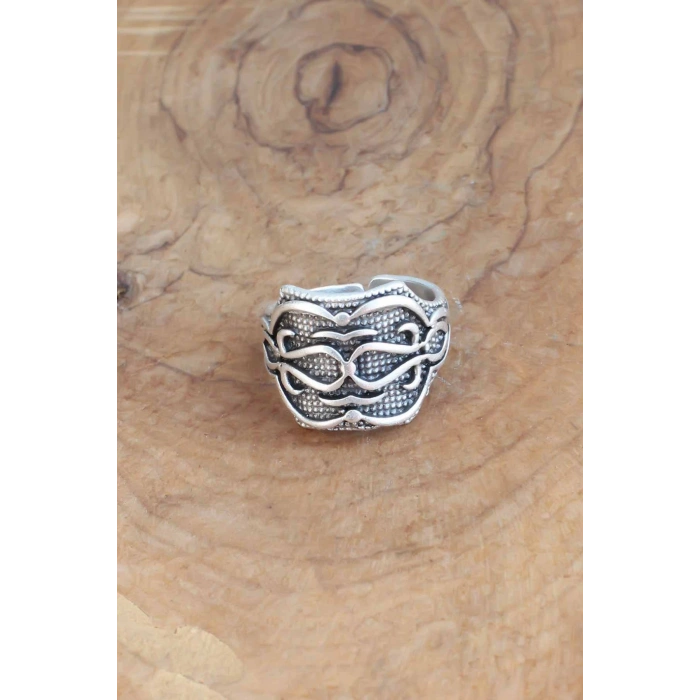 Motifli Gümüş Renk Ayarlanabilir Erkek Yüzük