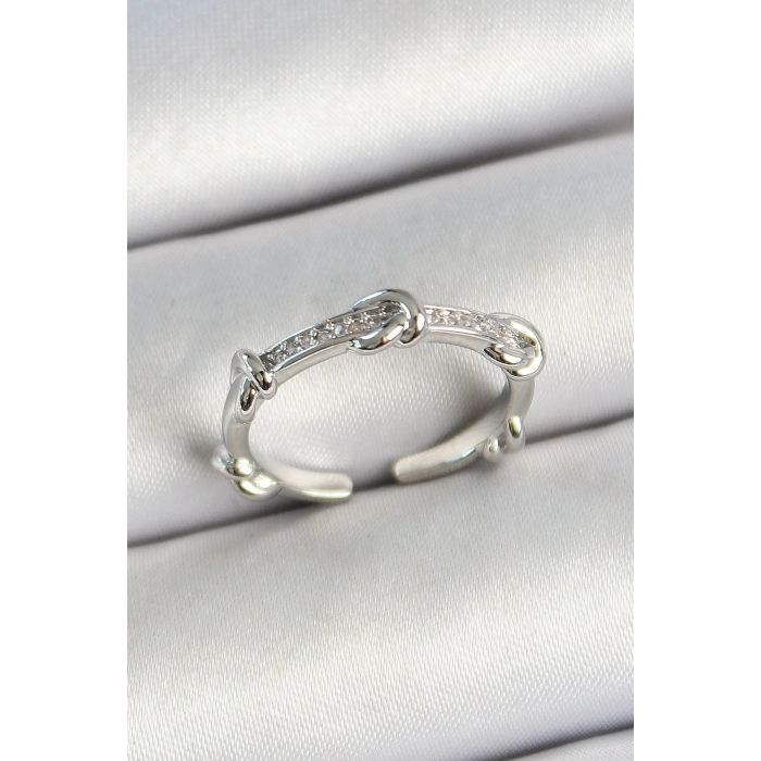 Pirinç Düğüm Figürlü Zirkon Taşlı Gümüş Renk Ayarlanabilir Kadın Yüzük