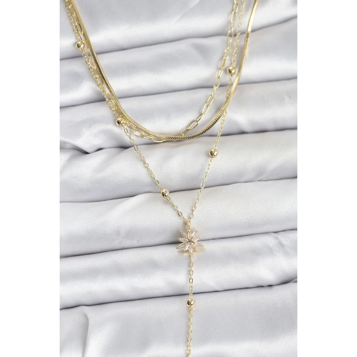 Pirinç Gold Renk Kutup Yıldızı Model Detaylı 3lü Kombin Y Kadın Kolye