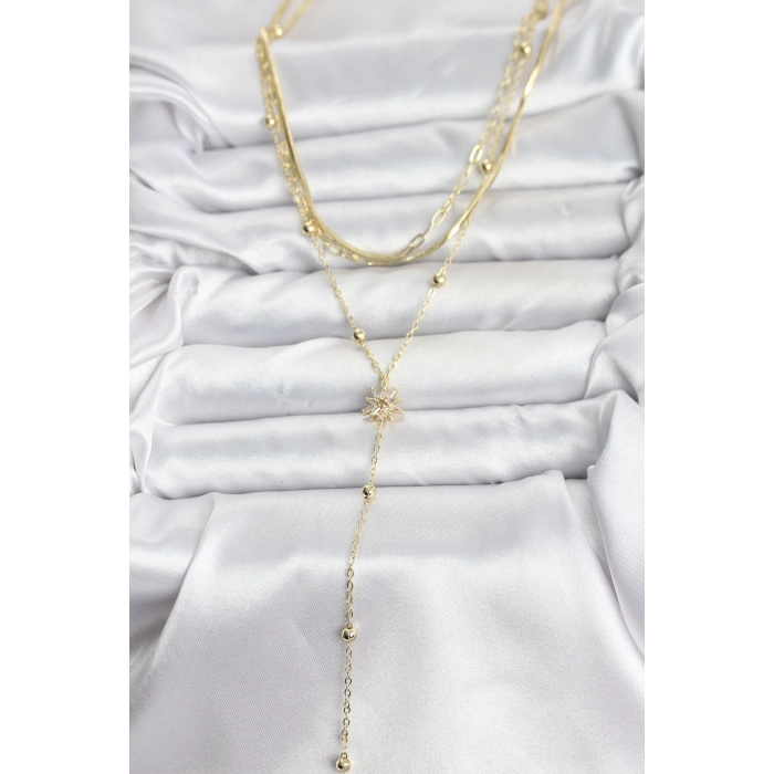 Pirinç Gold Renk Kutup Yıldızı Model Detaylı 3lü Kombin Y Kadın Kolye