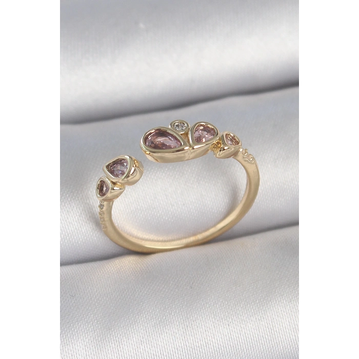 Pirinç Gold Renk Pembe Damla Zirkon Taşlı Ayarlanabilir Kadın Yüzük