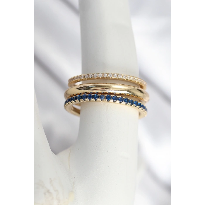 Pirinç Gold Renk Zirkon Taşlı 3Lü Kadın Yüzük