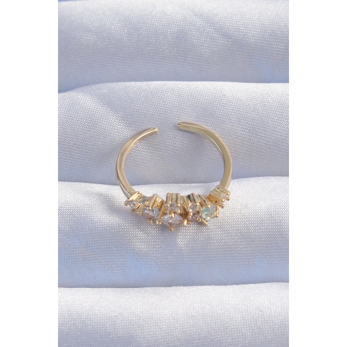 Pirinç Gold Renk Zirkon Taşlı Damla Detay Ayarlanabilir Yüzük