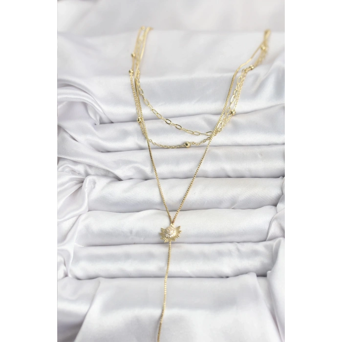 Pirinç Gold Renk Zirkon Taşlı Güneş Model Detaylı 3lü Kombin Y Kadın Kolye