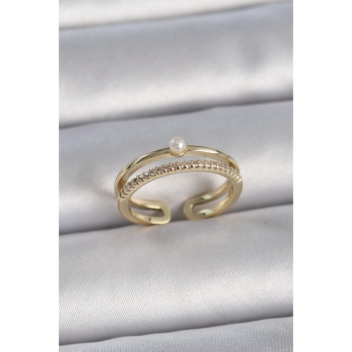 Pirinç Gold Renk Zirkon Taşlı İnci Detay Ayarlanabilir Model Kadın Yüzük