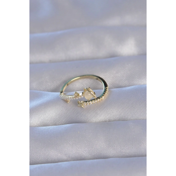 Pirinç Gold Renk Zirkon Taşlı İncili Satürn Model Ayarlanabilir Yüzük