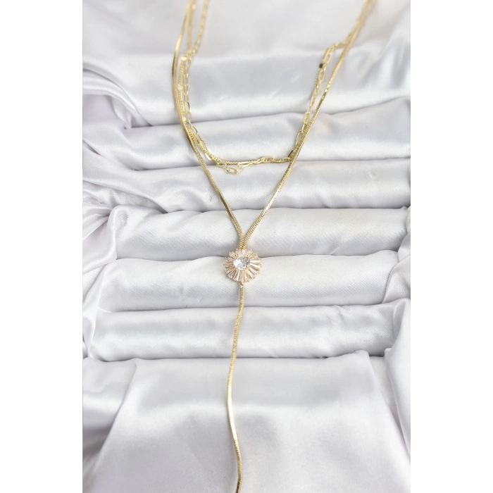 Pirinç Gold Renk Zirkon Taşlı Papatya Model Detaylı 3lü Kombin Y Kadın Kolye