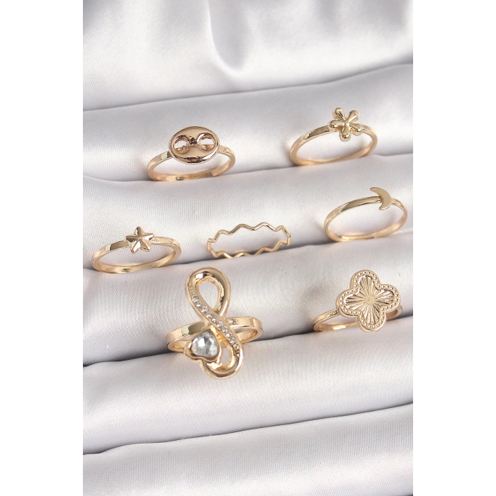 Pirinç Gold Renk Zirkon Taşlı Sonsuzluk Figür Yıldız Detay Kadın Yüzük Kombini