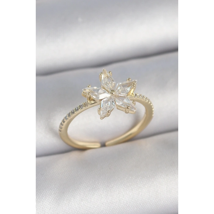 Pirinç Gold Renk Zirkon Taşlı Yıldız Model Ayarlanabilir Kadın Yüzük