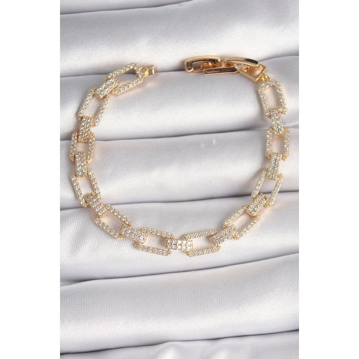 Pirinç Gold Renk Zirkon Taşlı Zincir Model VIP Seri Kadın Bileklik