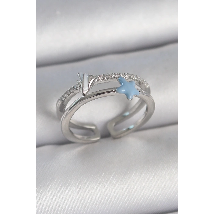 Pirinç Gümüş Renk 2Li Zirkon Taşlı Mavi Yıldız Figür Ayarlanabilir Kadın Yüzük