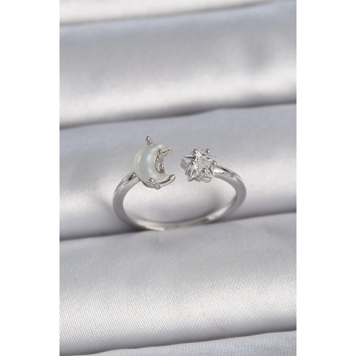 Pirinç Gümüş Renk İncili Hilal Zirkon Taşlı Yıldız Ayarlanabilir Kadın Yüzük