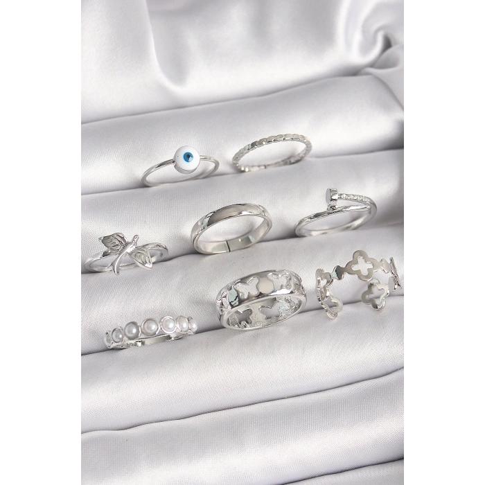 Pirinç Gümüş Renk Nazar Boncuk Detay İncili Kelebek İşlemeli Kadın Yüzük Kombini