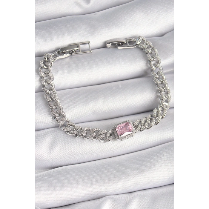 Pirinç Gümüş Renk Pembe Kare Zirkon Taşlı VIP Seri Kadın Bileklik