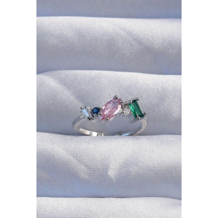 Pirinç Gümüş Renk Renkli Zirkon Taşlı Ayarlanabilir Yüzük