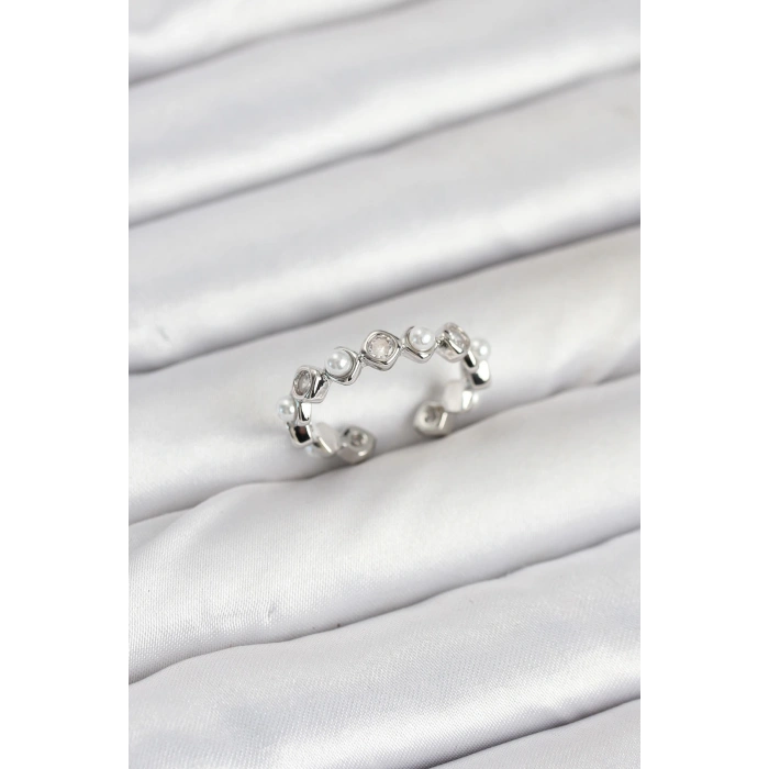 Pirinç Gümüş Renk Zirkon Taşlı İncili Kadın Yüzük