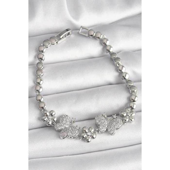 Pirinç Gümüş Renk Zirkon Taşlı Kelebek Figür Çiçek Zincir Model Kadın Bileklik