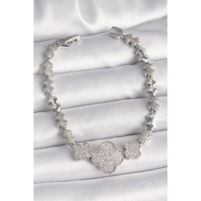 Pirinç Gümüş Renk Zirkon Taşlı Yonca Model Zincir Model Kadın Bileklik