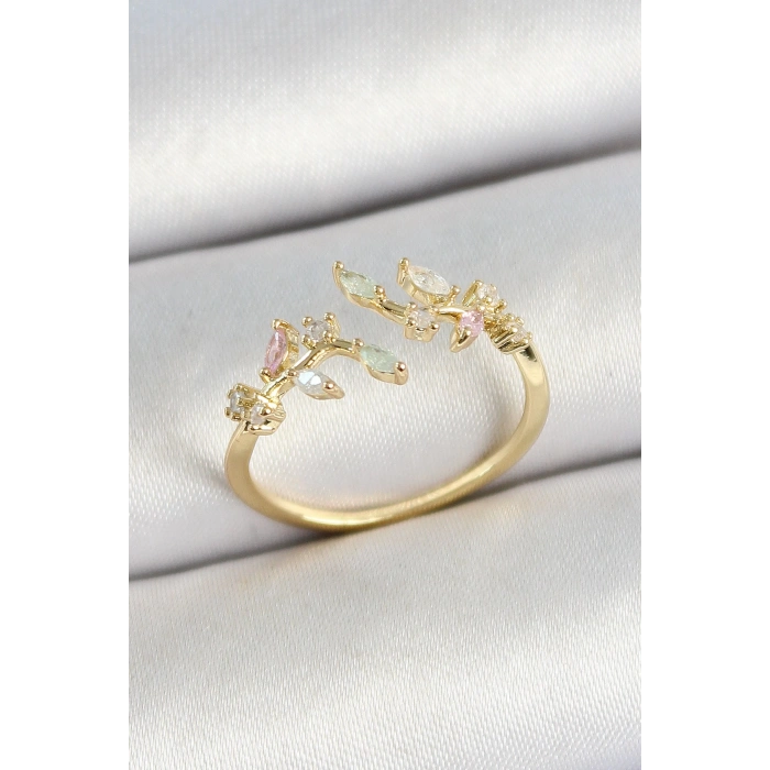 Pirinç Yaprak Figürlü Zirkon Taşlı Gold Renk Ayarlanabilir Kadın Yüzük