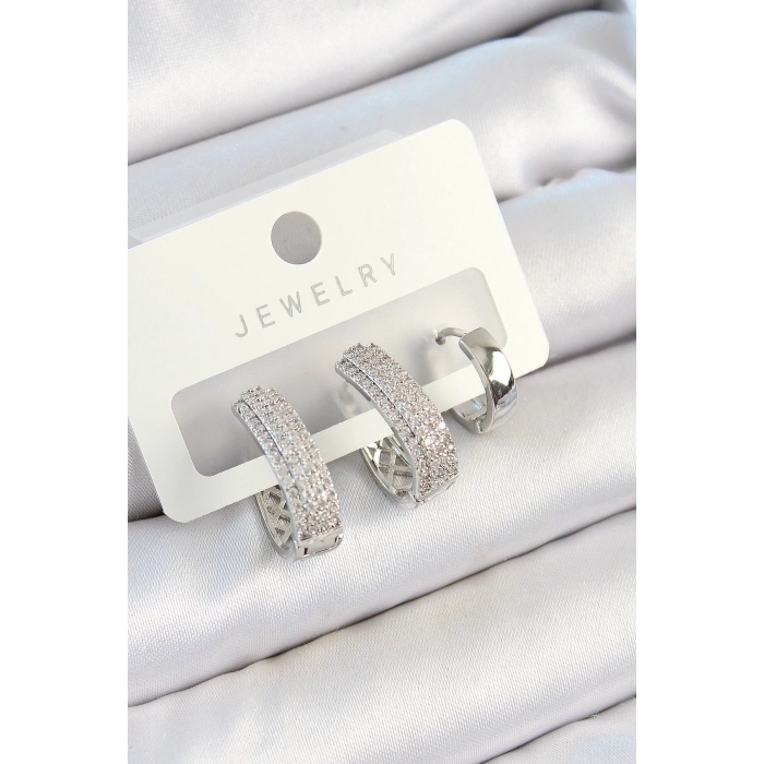 Pirinç Zirkon Taşlı Damla Model Gümüş Renk 3lü Çift Kadın Küpe Set