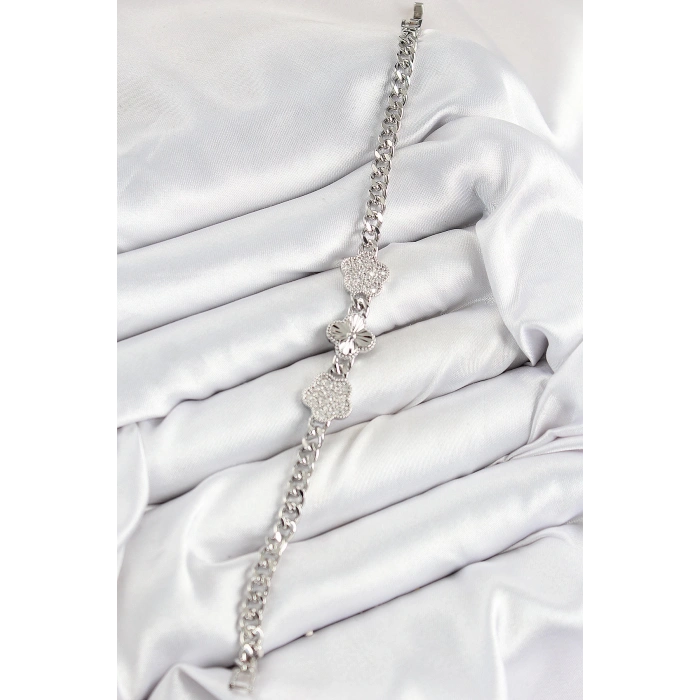 Pirinç Zirkon Taşlı Yonca Model Gümüş Renk Kadın Bileklik