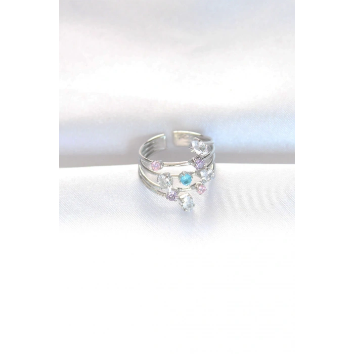 Renkli Zirkon Taşlı Silver Renk Ayarlanabilir Yüzük