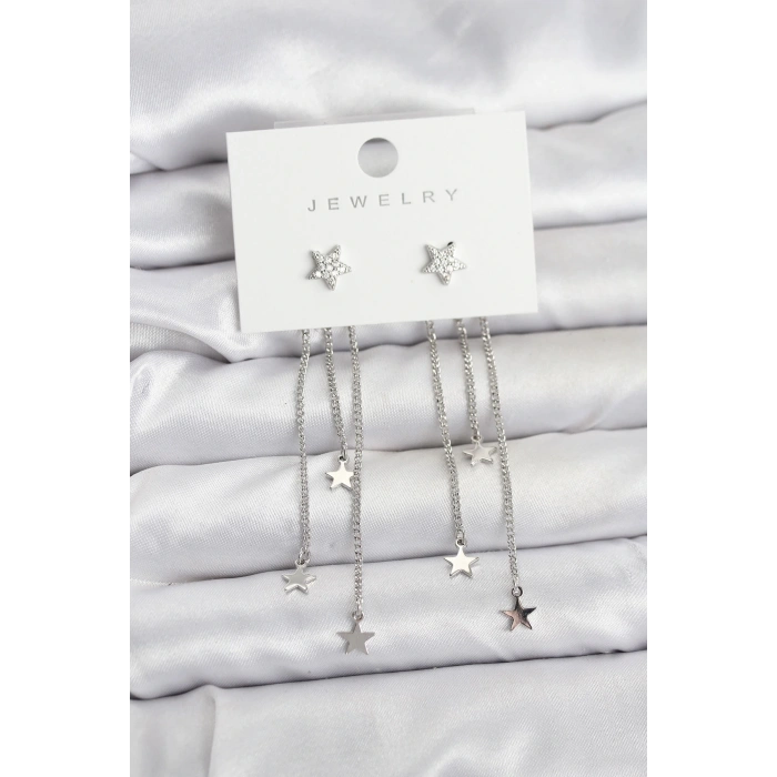 Yıldız Model Gümüş Renk Pirinç Sallantılı Kadın Küpe