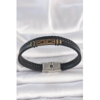 316L Çelik Gold Renk Aksesuarlı Çift Sıra Siyah Burgu Desenli Deri Kordon Erkek Bileklik