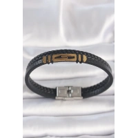 316L Çelik Gold Renk Aksesuarlı Çift Sıra Siyah Burgu Desenli Deri Kordon Erkek Bileklik