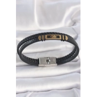 316L Çelik Gold Renk Örümcek Figür Çift Sıra Burgu Desenli Deri Kordon Erkek Bileklik