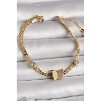 316L Çelik Gold Renk Yassı Zincir Zirkon Taşlı Simli Kelebek Figür Kadın Bileklik
