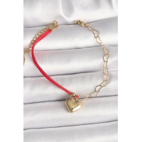 316L Çelik Gold Renk Zincir Kırmızı İp Model Sallantı Kalp Figür İşleme Detaylı Kadın Bileklik