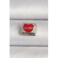 316L Çelik Gümüş Renk Best Man Yazılı Kırmızı Kalp İşlemeli Nomination Charm